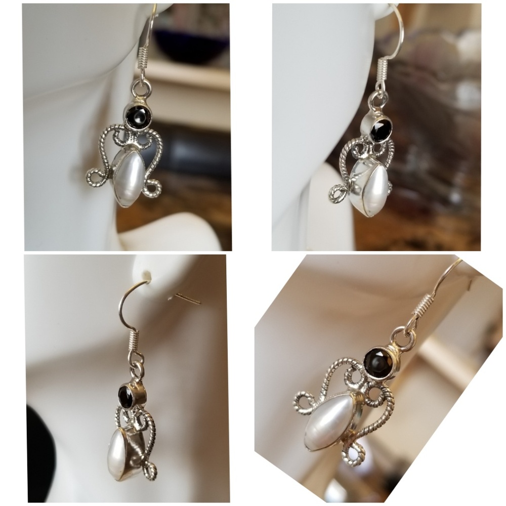Genuine French Pearl & Black Tourmaline Earrings - Picture 2 of 4